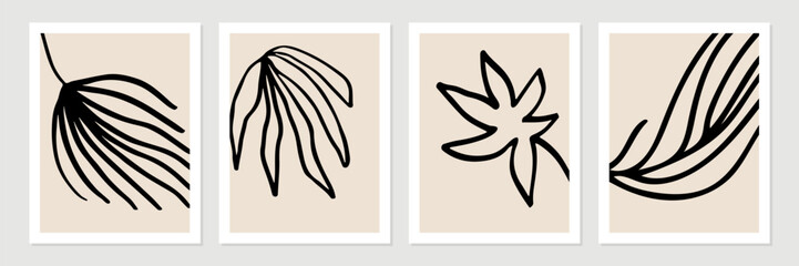 shapes, leaves, lines and textures in black on neutral nude and beige background. 
Pattern in minimalist style. Modern contemporary art in black. Vector illustration.