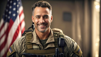 Fototapeta premium American soldier man smiling, United States Army, flag, national military army. war concept