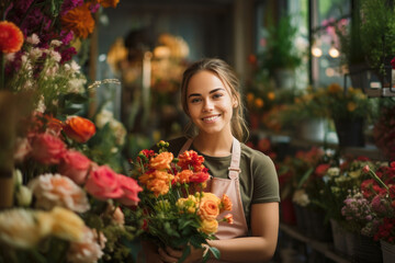 Portrait of beautiful florist at a flower shop