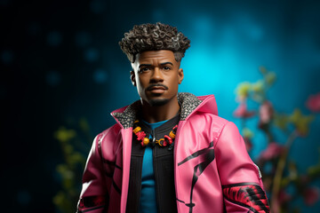 Stylish man trend. Serious handsome African American ken doll man, boy with pink jacket and shirt, looking straight into the camer on dark blue background - obrazy, fototapety, plakaty