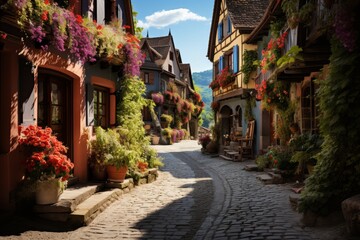  Charming Bavarian village with half-timbered houses and flower-filled window boxes, Generative AI