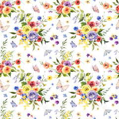 Watercolor spring flowers and butterflies multicolored white background seamless pattern