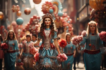 Colorful Oktoberfest parade featuring decorated floats, marching bands, and traditional costumes, Generative AI  - obrazy, fototapety, plakaty