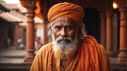 Fotobehang mystical hindu yogi man, temple in india, spiritual culture, traditional orange clothing, portrait © Juan Gumin