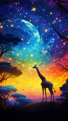 A painting of a giraffe standing in the middle of a forest