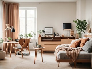 Fototapeta premium bedroom wooden furniture with computer desk, living room wooden furniture, Living room in modern style, Elegant interior of bedroom