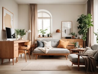 Fototapeta premium bedroom wooden furniture with computer desk, living room wooden furniture, Living room in modern style, Elegant interior of bedroom