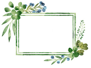 Floral frame with green hydrangea flowers, green leaves, berries and ferns. Floral illustration. Floral decoration for wedding, invitations, cards, wall art.