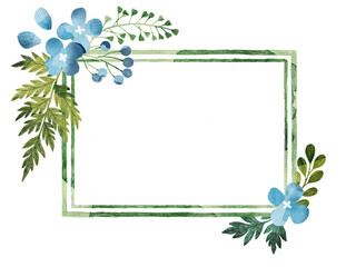 Floral frame with blue hydrangea flowers, green leaves, berries and ferns. Floral illustration. Floral decoration for wedding, invitations, cards, wall art.