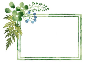 Floral frame with green hydrangea flowers, green leaves, berries and ferns. Floral illustration. Floral decoration for wedding, invitations, cards, wall art.