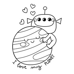 Illustration in black and white of a Martian with three eyes hugging a cute red planet and the phrase I love my planet, print design