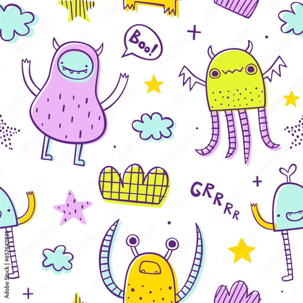 Wall mural seamless doodle pattern with sketch monsters for baby. scribble vector print with naive monsters for
