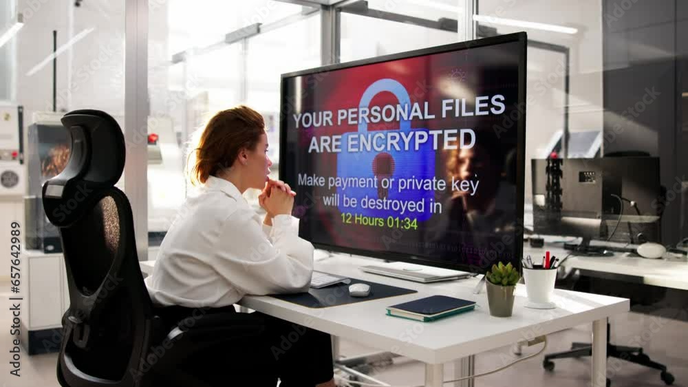 Poster ransomware malware attack. business computer hacked