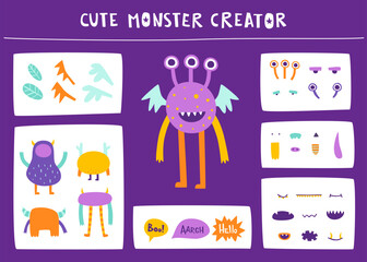 Funny monster constructor for kids. Custom cartoon monster creator from parts. Vector set of beast elements.