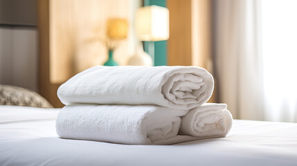 Fototapeta na wymiar Hotel Room with Fresh Towels on Bed