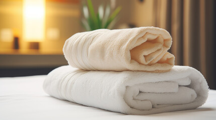 Obraz na płótnie Canvas Hotel Room with Fresh Towels on Bed