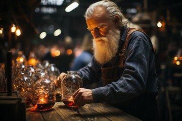 Skilled glassblower creating intricate beer steins at a craft stall, Generative AI  - obrazy, fototapety, plakaty
