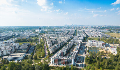 Wilanow, Drone aerial photo of modern residential buildings in Wilanow area of Warsaw, Poland - obrazy, fototapety, plakaty
