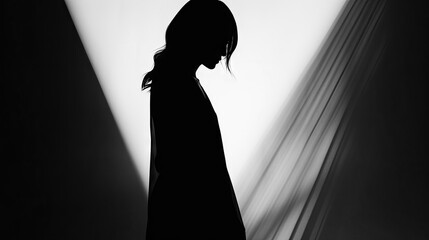 black and white composition with female silhouette, light and shadow play, beauty of woman's body