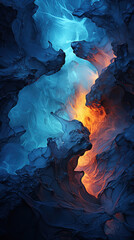 Abstract Art of Minimalistic Orange and Blue Dense Liquid Smoke on Backdrop