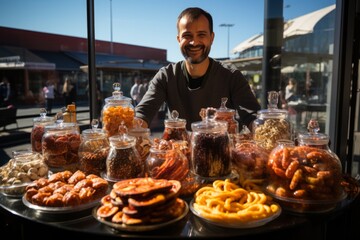 Vendor selling delicious pretzels, sausages, and other German snacks at the festival, Generative AI