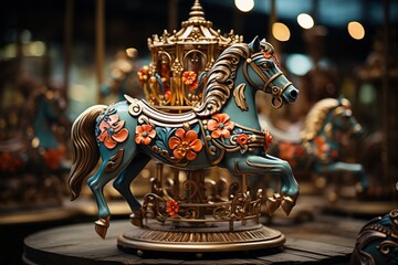 Whimsical carousel with horses and other themed figures, Generative AI  - obrazy, fototapety, plakaty
