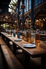 Fototapeta na wymiar Beautifully decorated beer hall interior with long communal tables, Generative AI