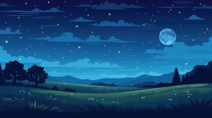 Cartoon background of a serene beautiful green field with a starry sky, moonlight over the meadows, digital illustration, concept art - obrazy, fototapety, plakaty