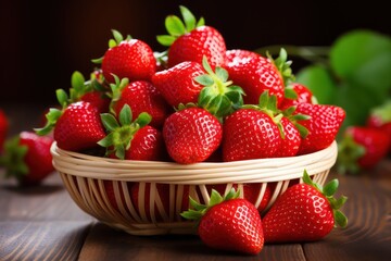 Strawberries in a bowl closeup view. Fresh ripe fruits harvest, healthy eating