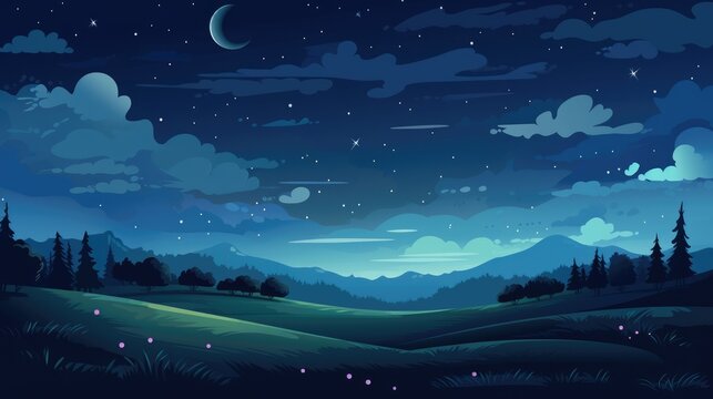 Cartoon background of a serene beautiful green field with a starry sky, moonlight over the meadows, digital illustration, concept art