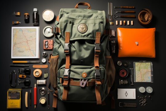 Hiking trail map kit with trail maps, compass, and hiking essentials, Generative AI - Powered by Adobe