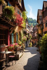 Charming Bavarian village with half-timbered houses and flower-filled window boxes, Generative AI - obrazy, fototapety, plakaty