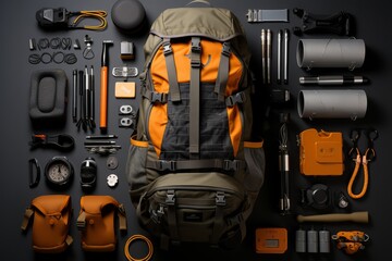  Hiking adventure kit with hiking boots, backpack, and camping gear, Generative AI