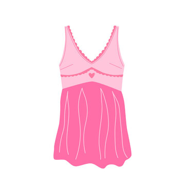 Barbiecore slip dress flat sketch fashion illustration. Pink trendy, pink doll aesthetic clothing. Vector illustration