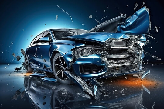 Photo of a severely damaged blue car split in half after a collision