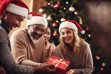 Fototapeta na wymiar Photo of people excitedly opening presents while wearing Santa hats