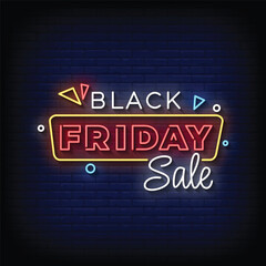 Neon Sign black friday sale with brick wall background vector