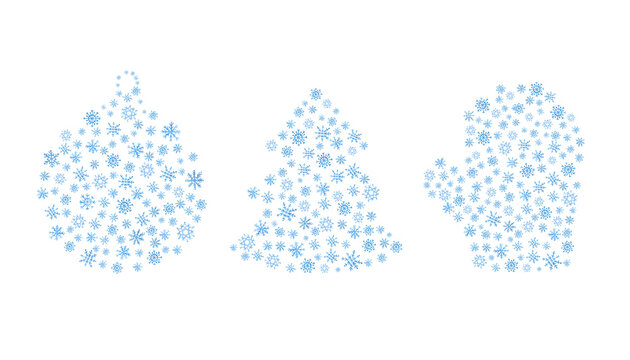 Watercolor set of snowflakes. Mini snowflakes in the shapes of a mitten, Christmas tree and New year's ball. Diamond Dust Crystals. Small Snowflakes silhouette clipart image. 