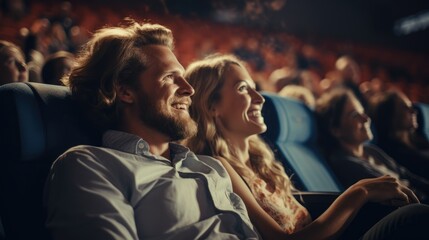 Cheerful happy couple with family watching movie in cinema with blurred audiences background, Generative AI