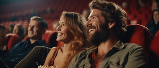 Cheerful happy couple with family watching movie in cinema with blurred audiences background, Generative AI