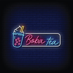Neon Sign boba tea with brick wall background vector