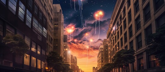 fireworks in the gaps of the buildings with huge planets in the sky glowing