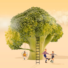 Active children cheerfully playing under broccoli tree on warm summer day. Happy childhood. Contemporary artwork. Concept of creativity, surrealism, imagination, inspiration, ideas. Copy space for ad