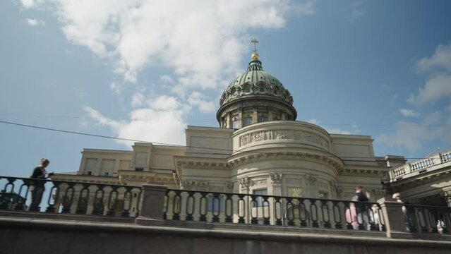 Tourist cruise review on the Kazan Cathedral in St. Petersburg. POV Sightseeing from the ship in St. Petersburg. 