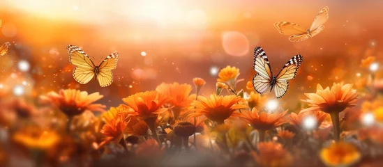 Fotobehang flowers and butterflies sunrise orange background © gufron