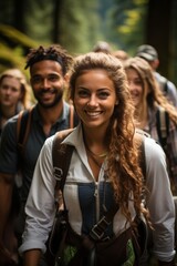 Joyful group of festival-goers wearing lederhosen and dirndls, Generative AI 