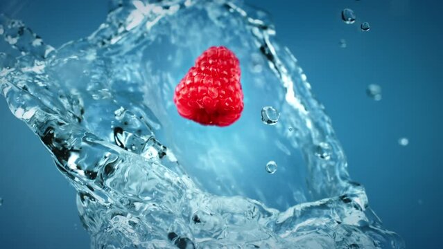 Fruit and berries tossed in the air and falling down in slow motion. Clear water splash and water droplets. Fresh raspberry splashed by water