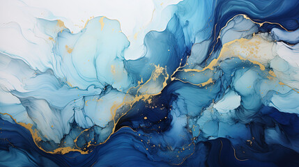 Natural Luxury Blue and Gold Abstract Fluid Art Painting in Alcohol Ink Technique Background