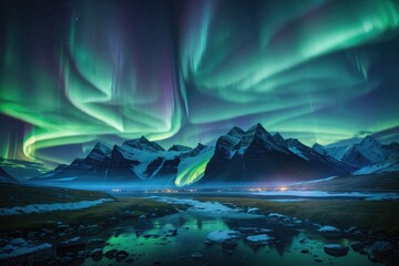 Arctic landscape with northern lights in the night sky  and lakes and mountains