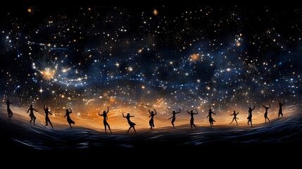 silhouettes of dancers dancing under the stars - obrazy, fototapety, plakaty